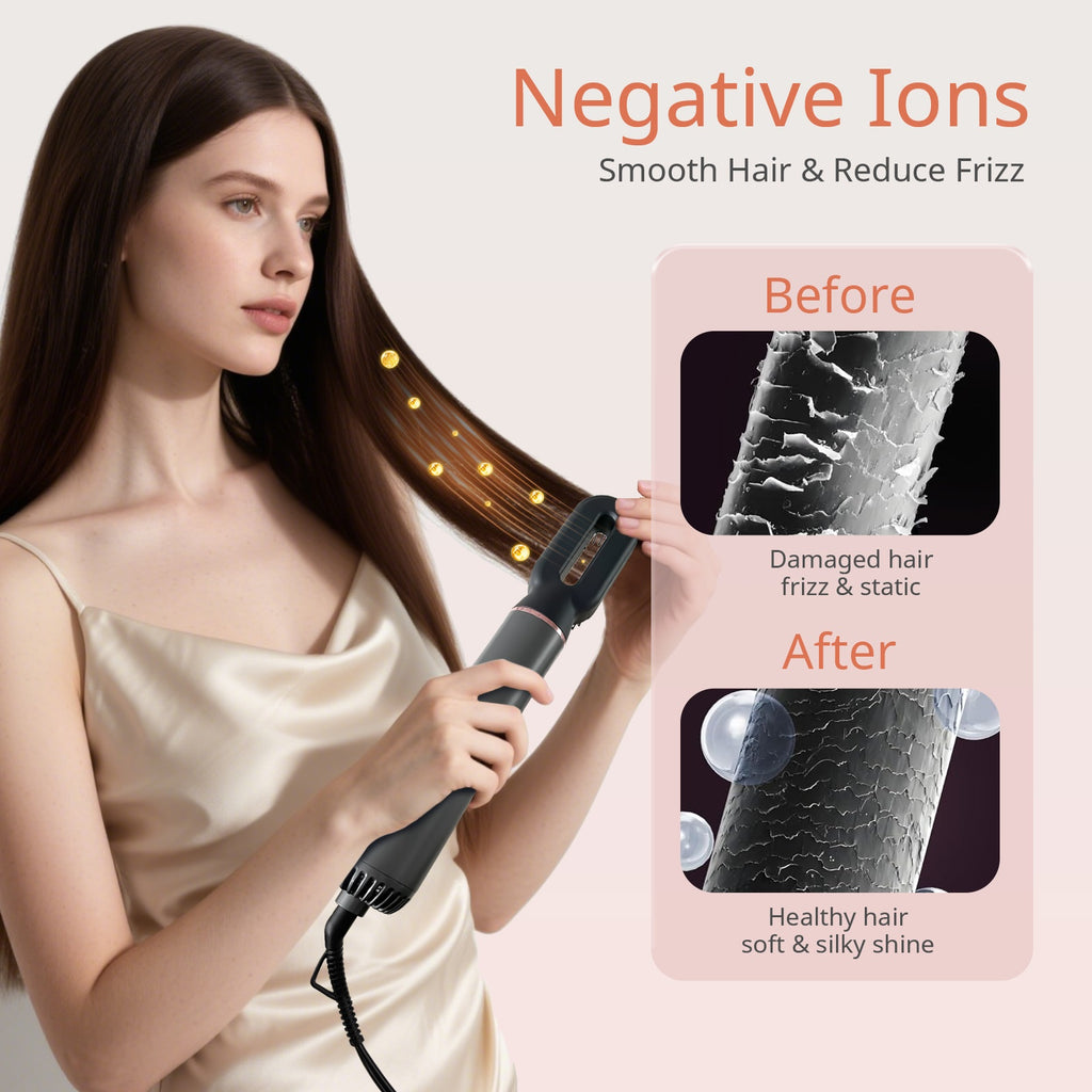 Versatile Hot Air Brush with Negative Ion Technology for Smooth, Frizz-Free Results. This Hair Dryer And Styling Combines The Functions of a Curling Iron And a Massage Straightening Brush, Featuring Various Temperature And Wind Speed Options