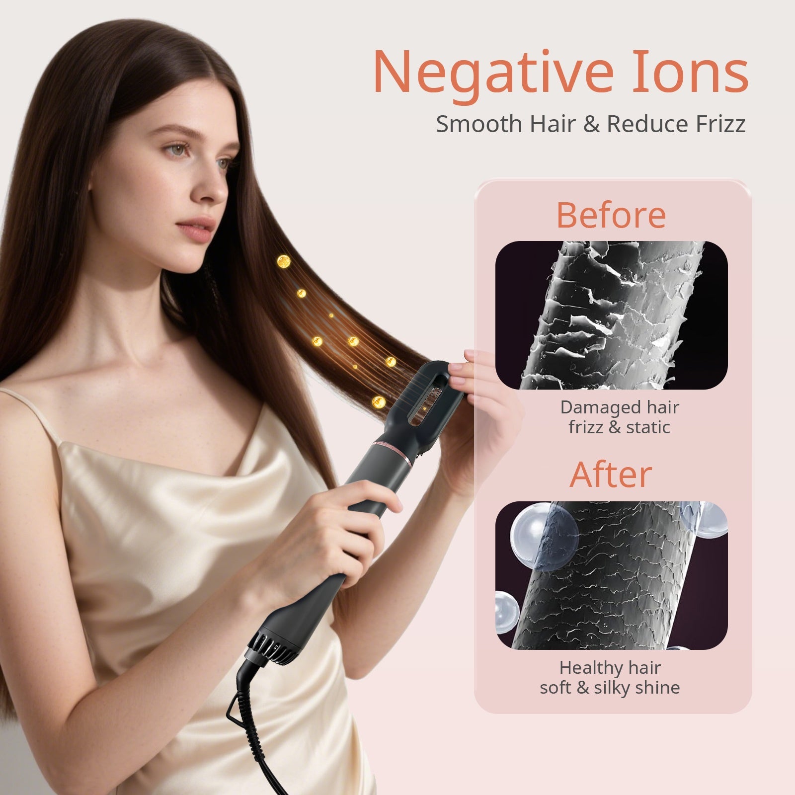 Versatile Hot Air Brush with Negative Ion Technology for Smooth, Frizz-Free Results. This Hair Dryer And Styling Combines The Functions of a Curling Iron And a Massage Straightening Brush, Featuring Various Temperature And Wind Speed Options