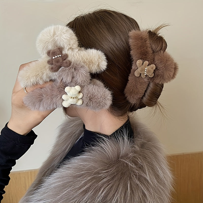 Chic Plush Bear Hair Claw Clip - Elegant & Strong Grip for Thick, Curly, Straight Hair - Perfect Valentine's Day or New Year's Accessory for Women