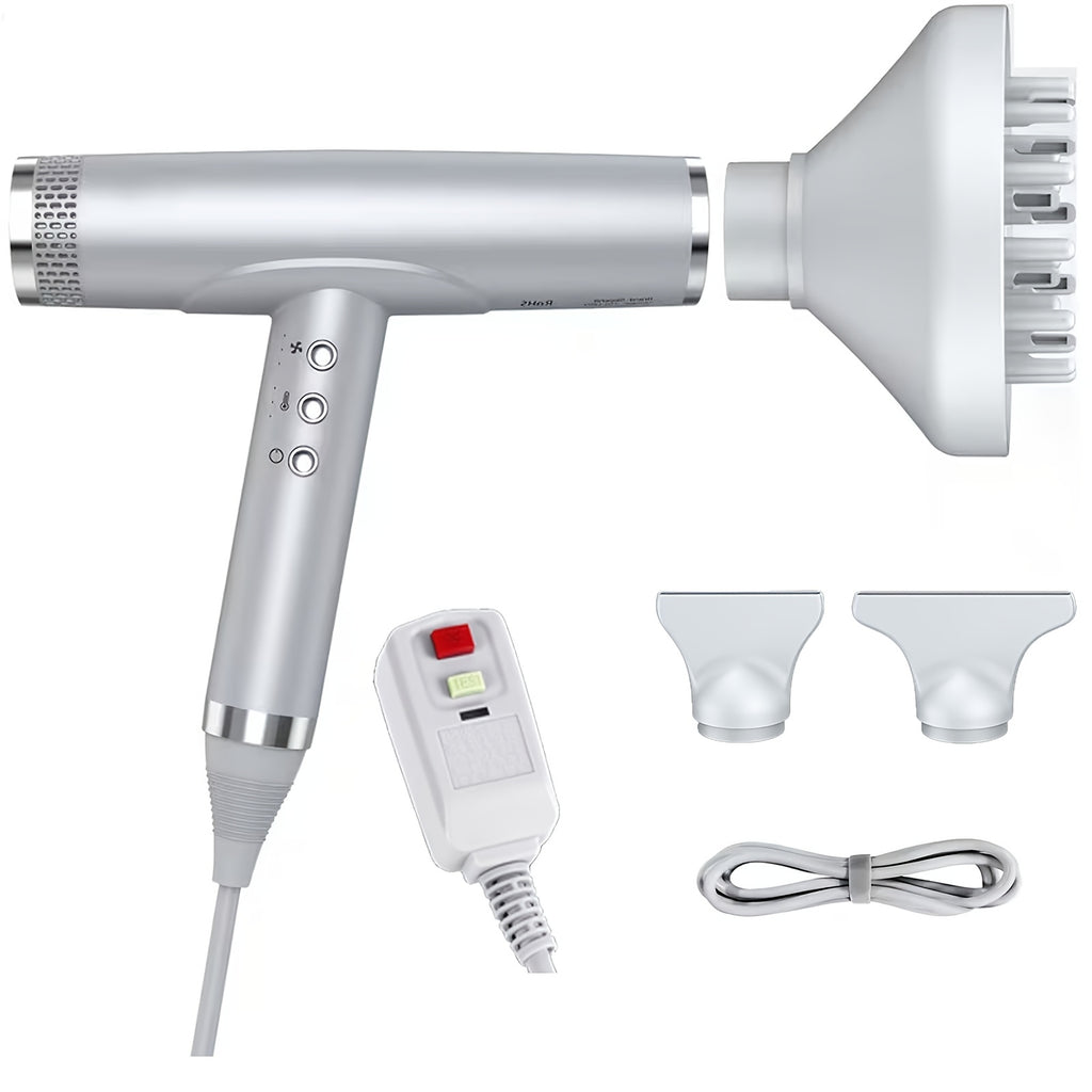 Professional Hair Dryer with Diffuser | High Speed, Brushless Motor, Ionic, Lightweight, Compact, Low Noise, 59.06inch-118.11inch Cord, 2000W, Metal, Non-foldable Handle, Leakage Protection Plug