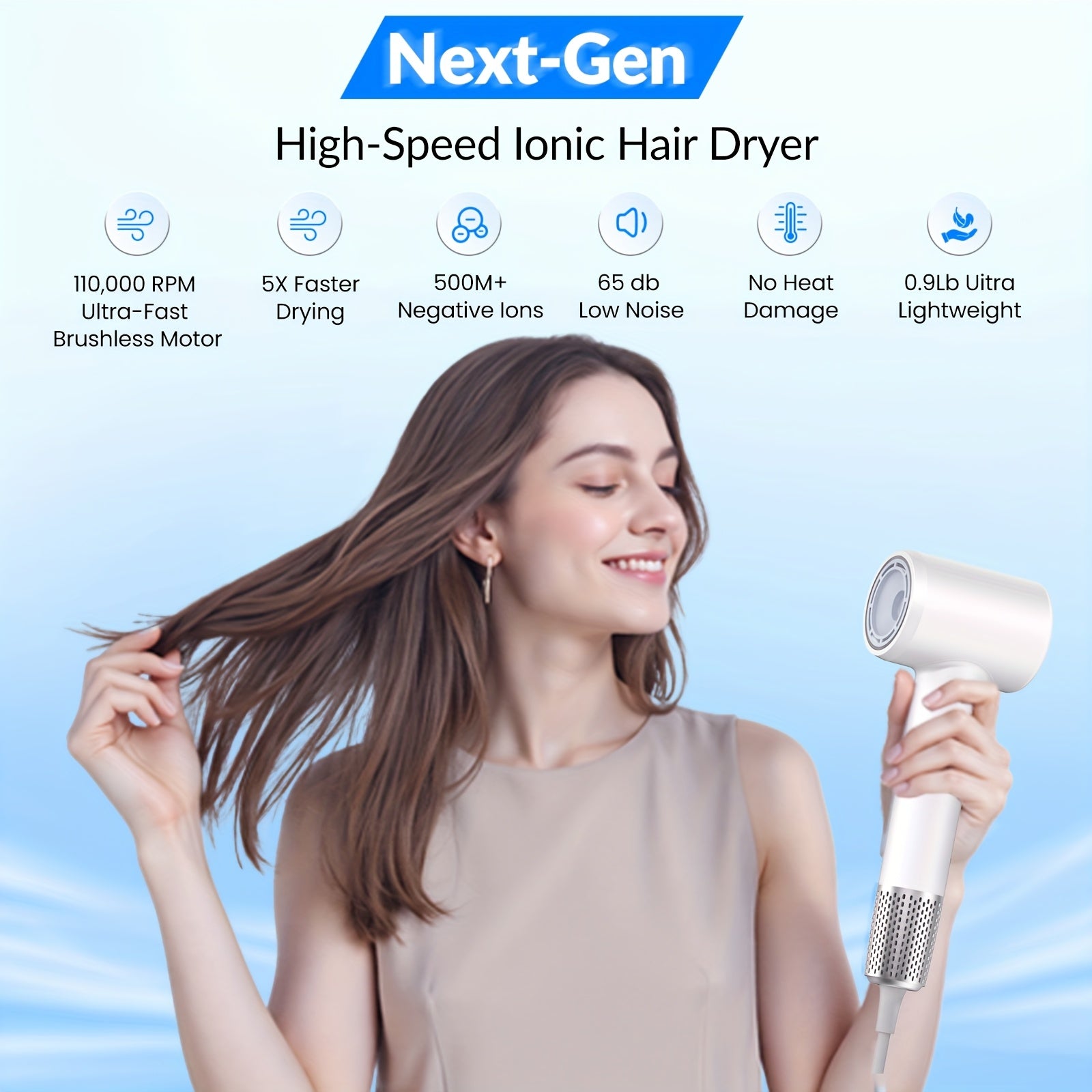 Yinole 1200W High-Speed Negative Ion Hair Dryer, 110, 000 RPM Brushless Motor For Fast Drying, Ionic Technology For Frizz-Free Smooth Hair, 3 Heat\u002F 2 Speed Settings, Magnetic Nozzle & Diffuser, 65dB Quiet, 0.9lb Lightweight