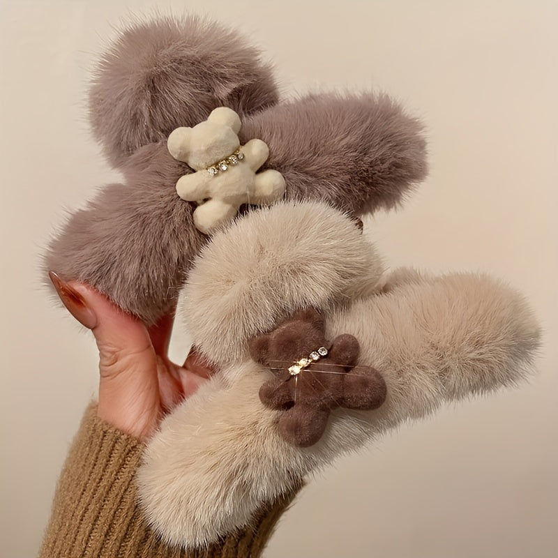 Chic Plush Bear Hair Claw Clip - Elegant & Strong Grip for Thick, Curly, Straight Hair - Perfect Valentine's Day or New Year's Accessory for Women
