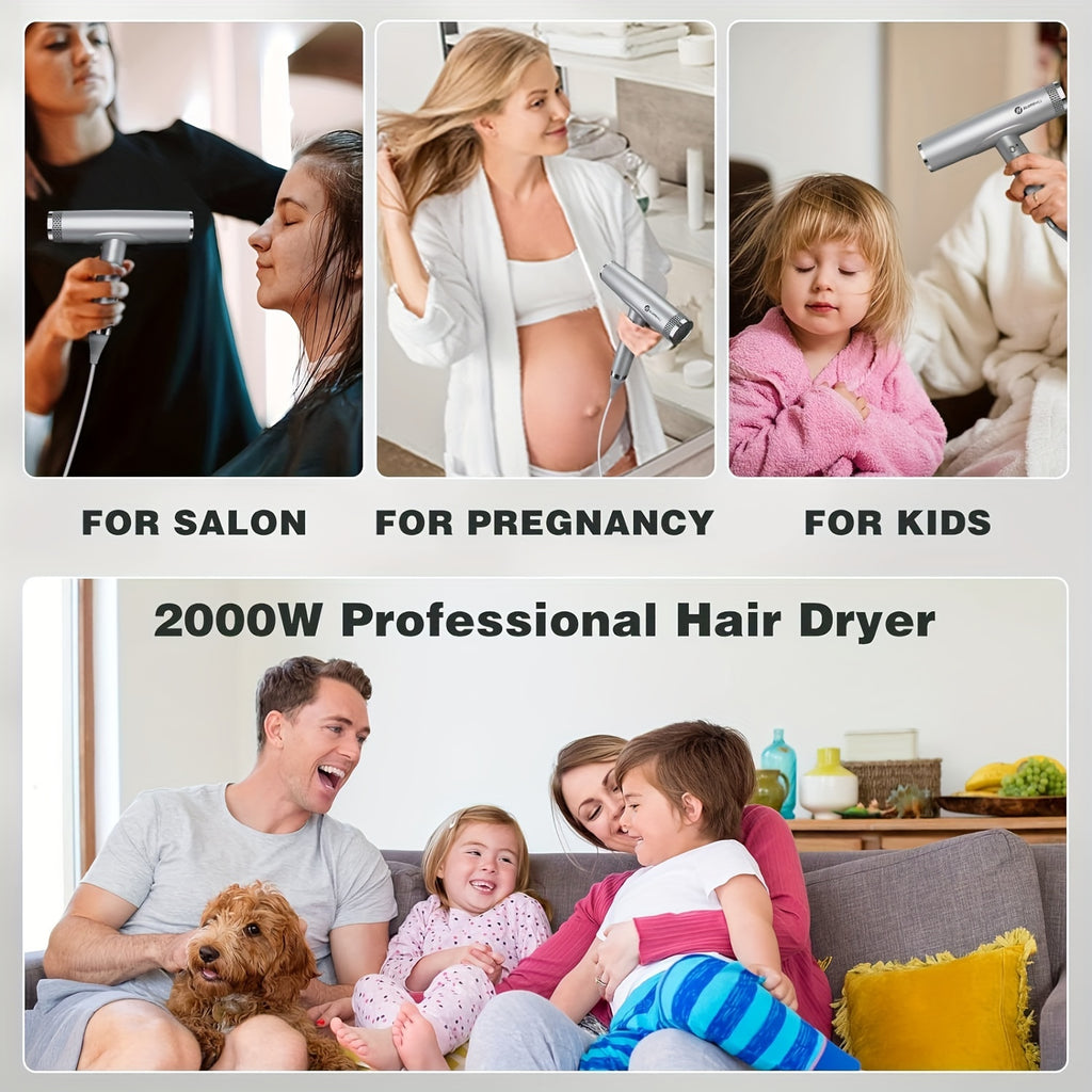 Professional Hair Dryer with Diffuser | High Speed, Brushless Motor, Ionic, Lightweight, Compact, Low Noise, 59.06inch-118.11inch Cord, 2000W, Metal, Non-foldable Handle, Leakage Protection Plug