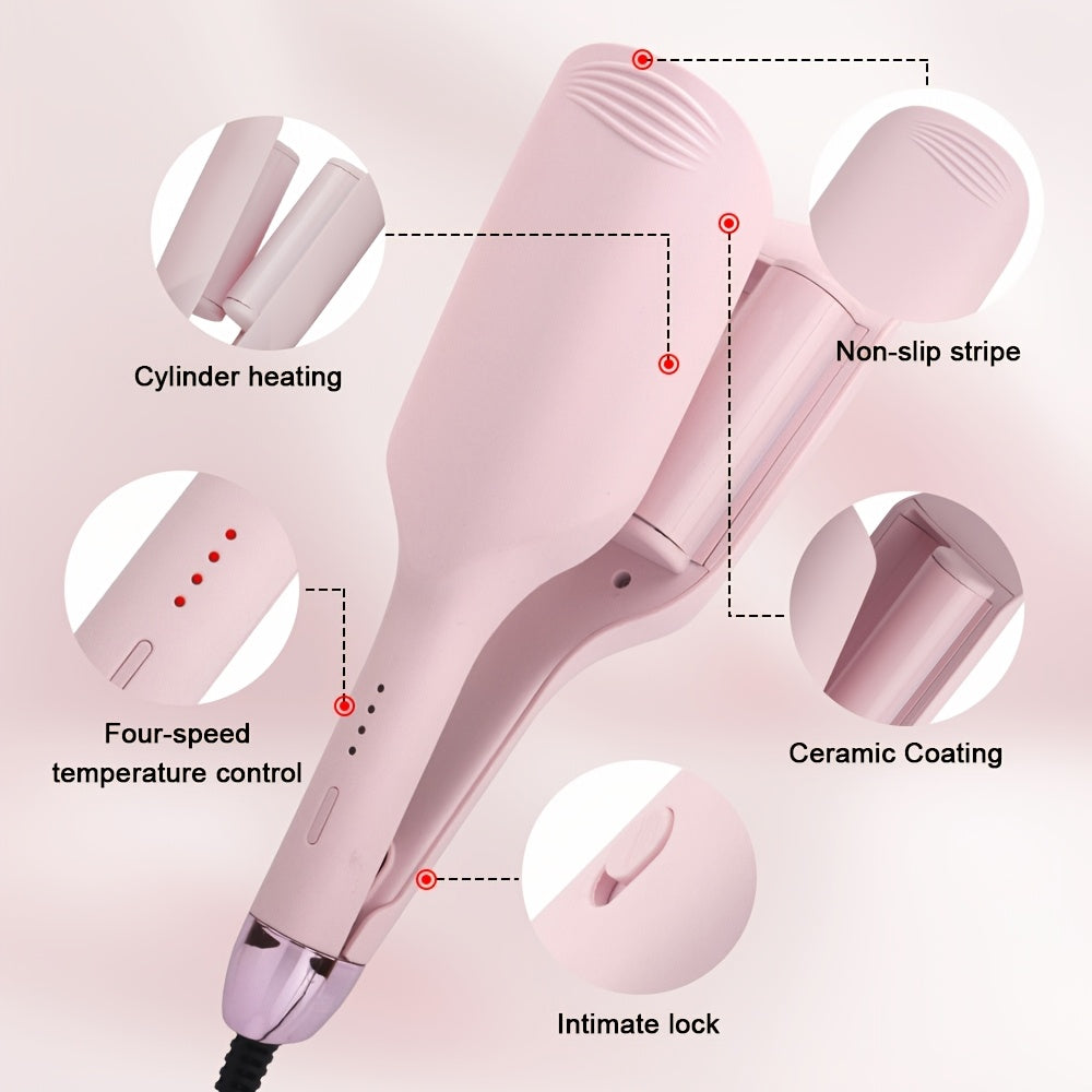 Pink Anti-Scald Fast Heating Hair Curler with Adjustable Temperature Control, 1. 25 Inch Dual Barrels for Effortless Waves, 360° Rotating Cord, Ergonomic Design for Dry Hair Styling