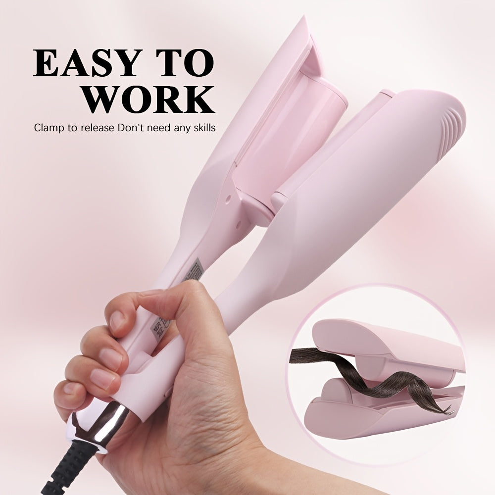 Pink Anti-Scald Fast Heating Hair Curler with Adjustable Temperature Control, 1. 25 Inch Dual Barrels for Effortless Waves, 360° Rotating Cord, Ergonomic Design for Dry Hair Styling