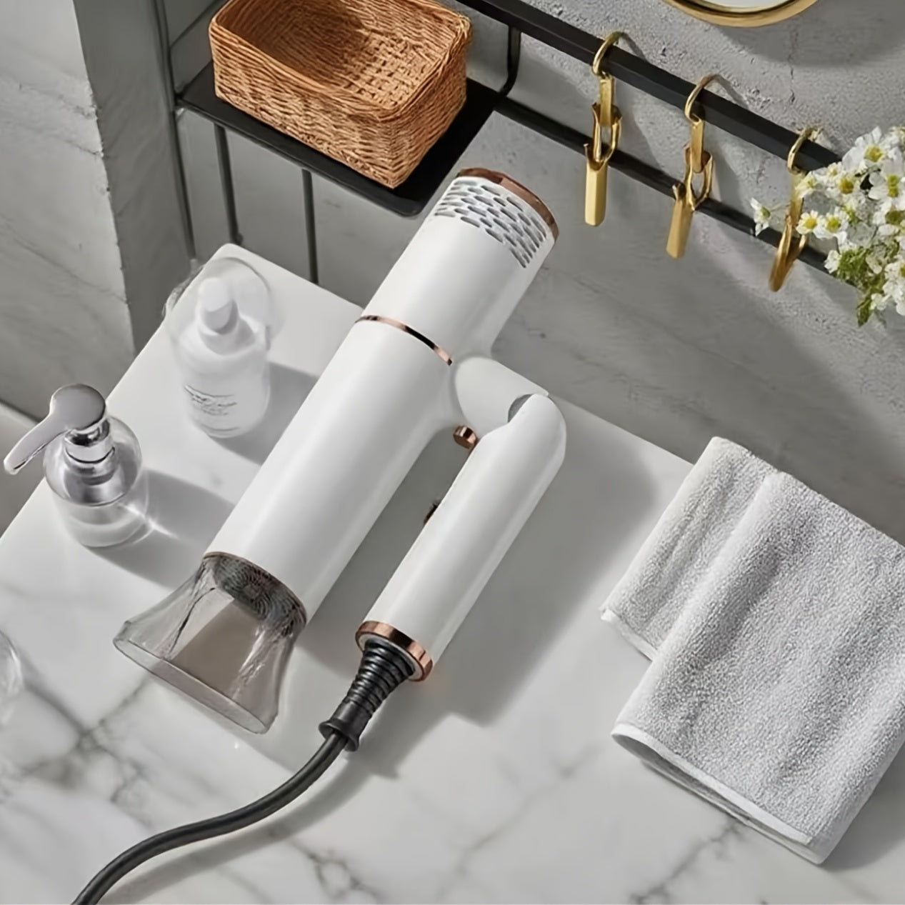 Professional Hair Dryer With Foldable Handle, 1200W Bristle Motor, Hot & Cold Air, Adjustable Power Cord, US Plug Included - Suitable For All Hair Types Quick Drying, Hair Dryer Holder, Plastic, Collector Nozzle, Hair Dryer Stand
