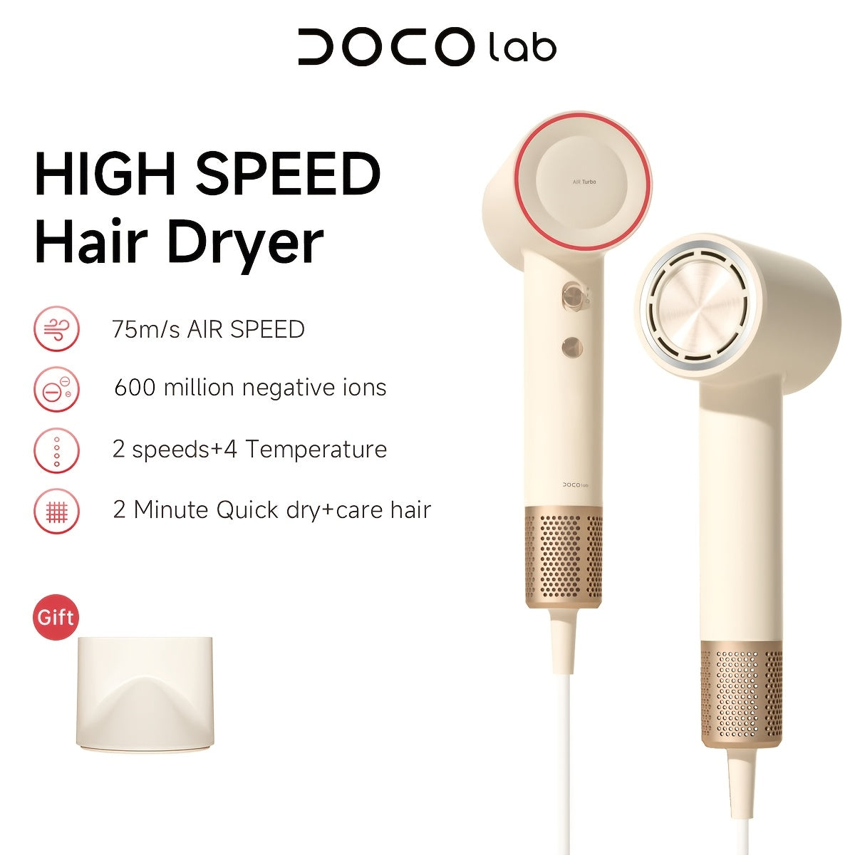 DOCO-1600w High-power Fast Hair Dryer, Equipped With A 600 Million Negative Ion Generator, Comes With A Concentrator Nozzle, Dries Hair Quickly, Low-noise And Lightweight Design, Also Suitable For Home, Travel Or Salon Use, Birthday Gift Guide