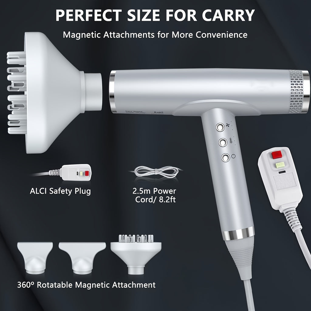 Professional Hair Dryer with Diffuser | High Speed, Brushless Motor, Ionic, Lightweight, Compact, Low Noise, 59.06inch-118.11inch Cord, 2000W, Metal, Non-foldable Handle, Leakage Protection Plug