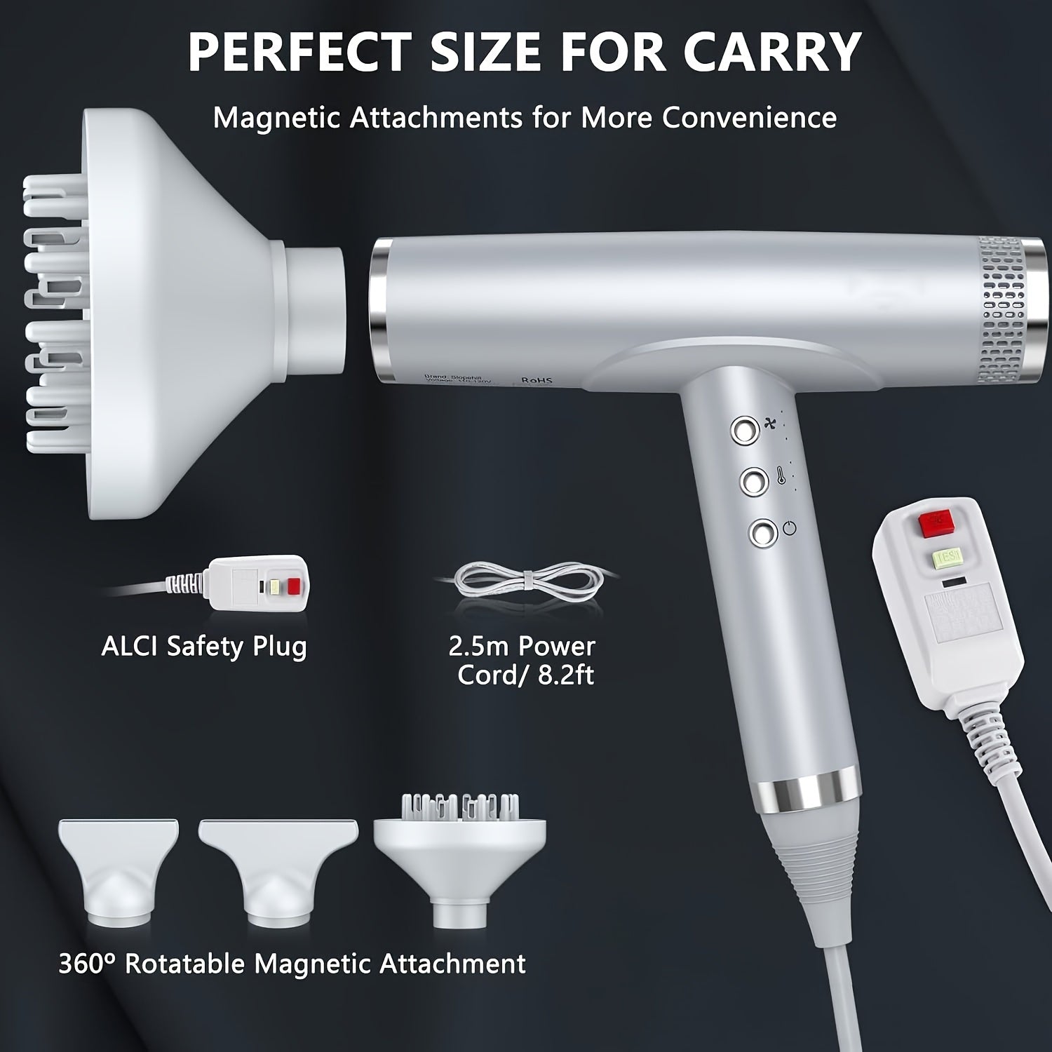 Professional Hair Dryer with Diffuser | High Speed, Brushless Motor, Ionic, Lightweight, Compact, Low Noise, 59.06inch-118.11inch Cord, 2000W, Metal, Non-foldable Handle, Leakage Protection Plug