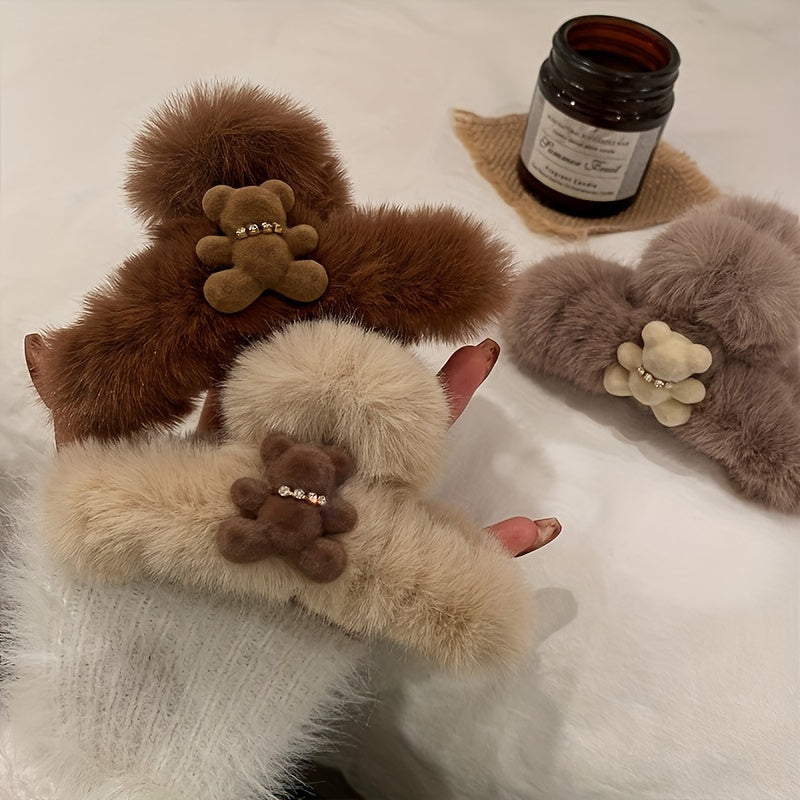 Chic Plush Bear Hair Claw Clip - Elegant & Strong Grip for Thick, Curly, Straight Hair - Perfect Valentine's Day or New Year's Accessory for Women