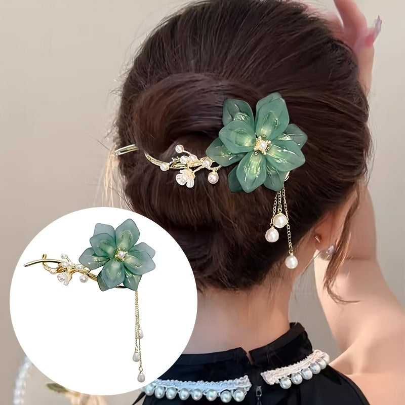 1pc Elegant Green Lily of the Valley Hairpin | Vintage White Zinc Alloy, Twisted Design with Fringe and Plastic Beads, Suitable for Women, New Chinese Decoration