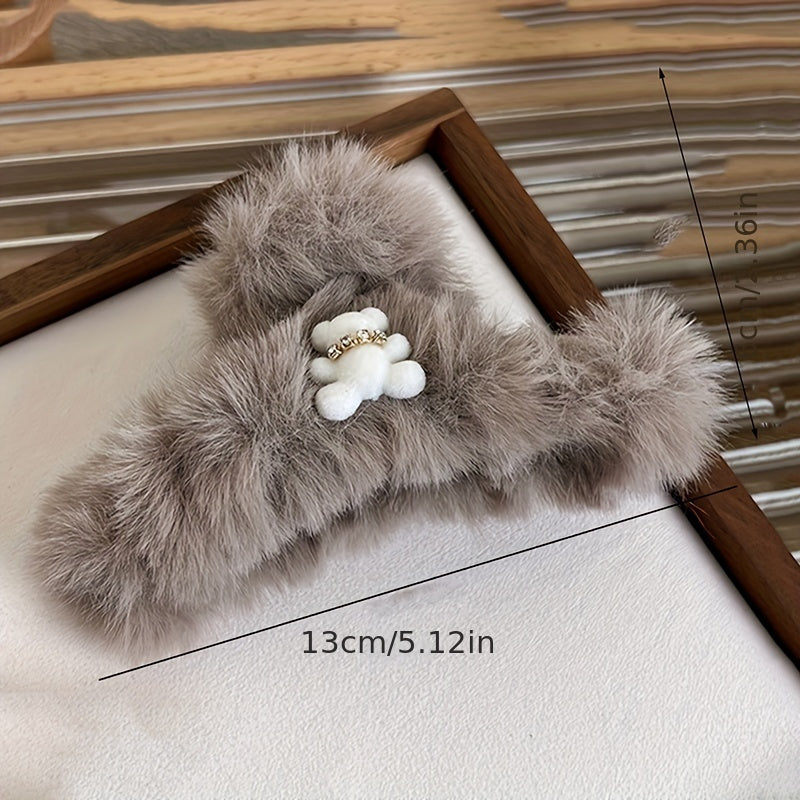 Chic Plush Bear Hair Claw Clip - Elegant & Strong Grip for Thick, Curly, Straight Hair - Perfect Valentine's Day or New Year's Accessory for Women