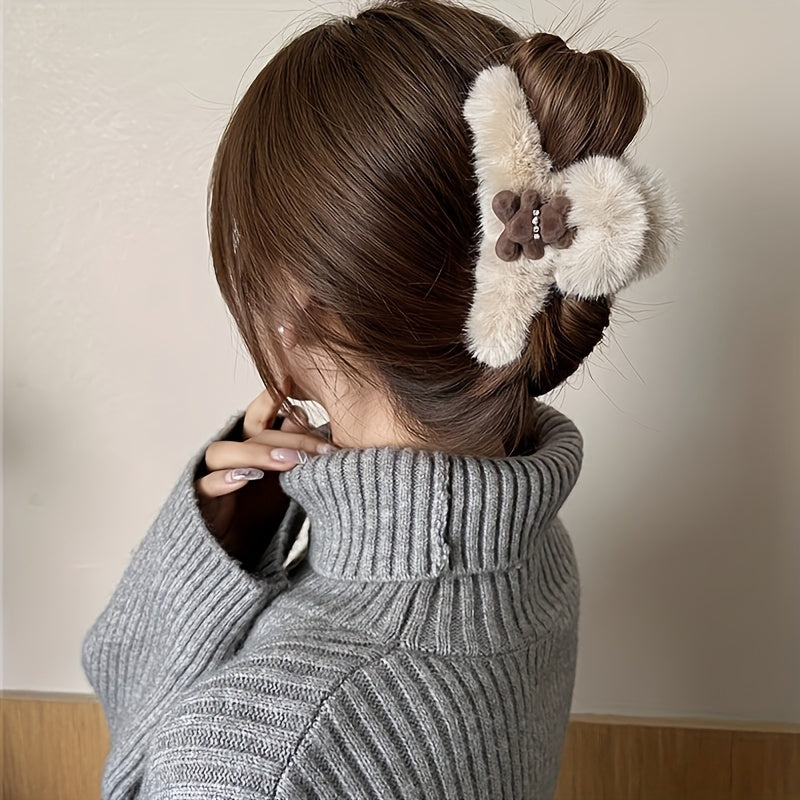 Chic Plush Bear Hair Claw Clip - Elegant & Strong Grip for Thick, Curly, Straight Hair - Perfect Valentine's Day or New Year's Accessory for Women