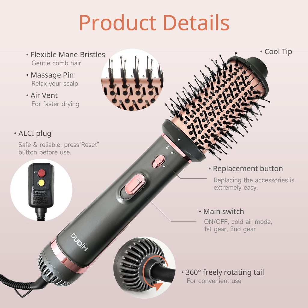 Versatile Hot Air Brush with Negative Ion Technology for Smooth, Frizz-Free Results. This Hair Dryer And Styling Combines The Functions of a Curling Iron And a Massage Straightening Brush, Featuring Various Temperature And Wind Speed Options