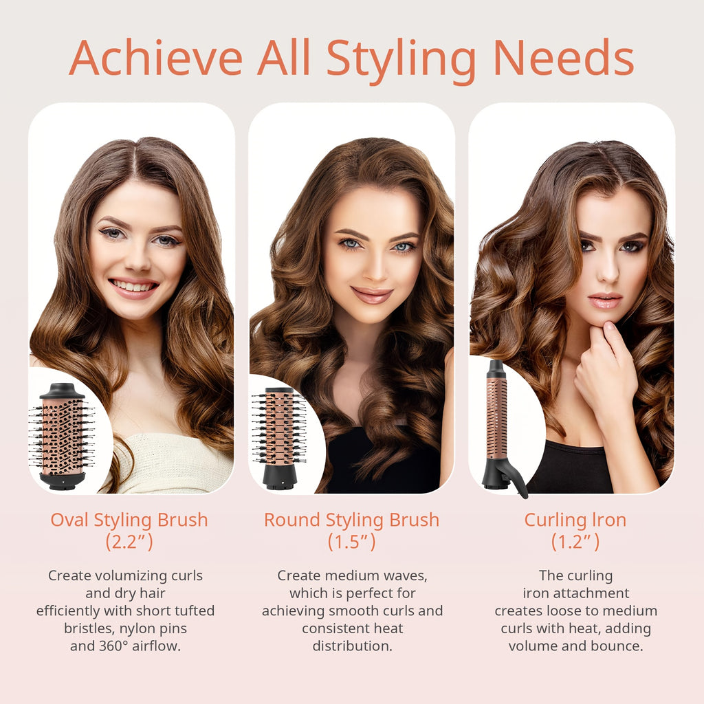 Versatile Hot Air Brush with Negative Ion Technology for Smooth, Frizz-Free Results. This Hair Dryer And Styling Combines The Functions of a Curling Iron And a Massage Straightening Brush, Featuring Various Temperature And Wind Speed Options